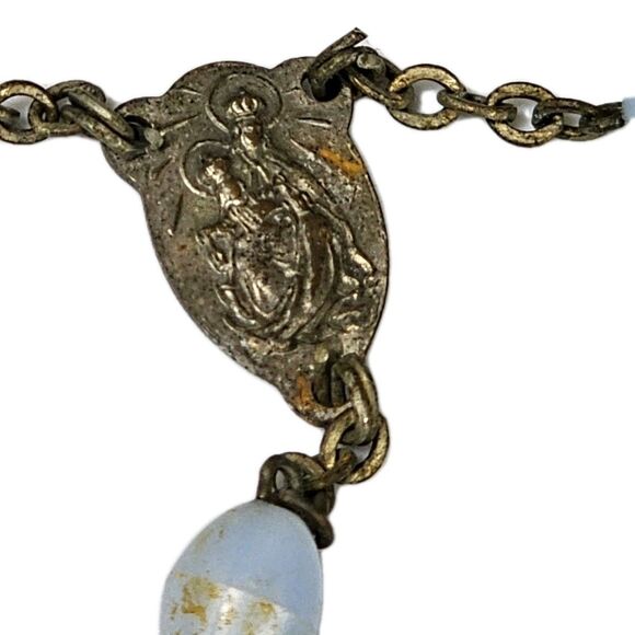 Vintage Light Blue Rosary Beads with Ornate Brass Crucifix & Mary Centerpiece - Picture 4 of 12